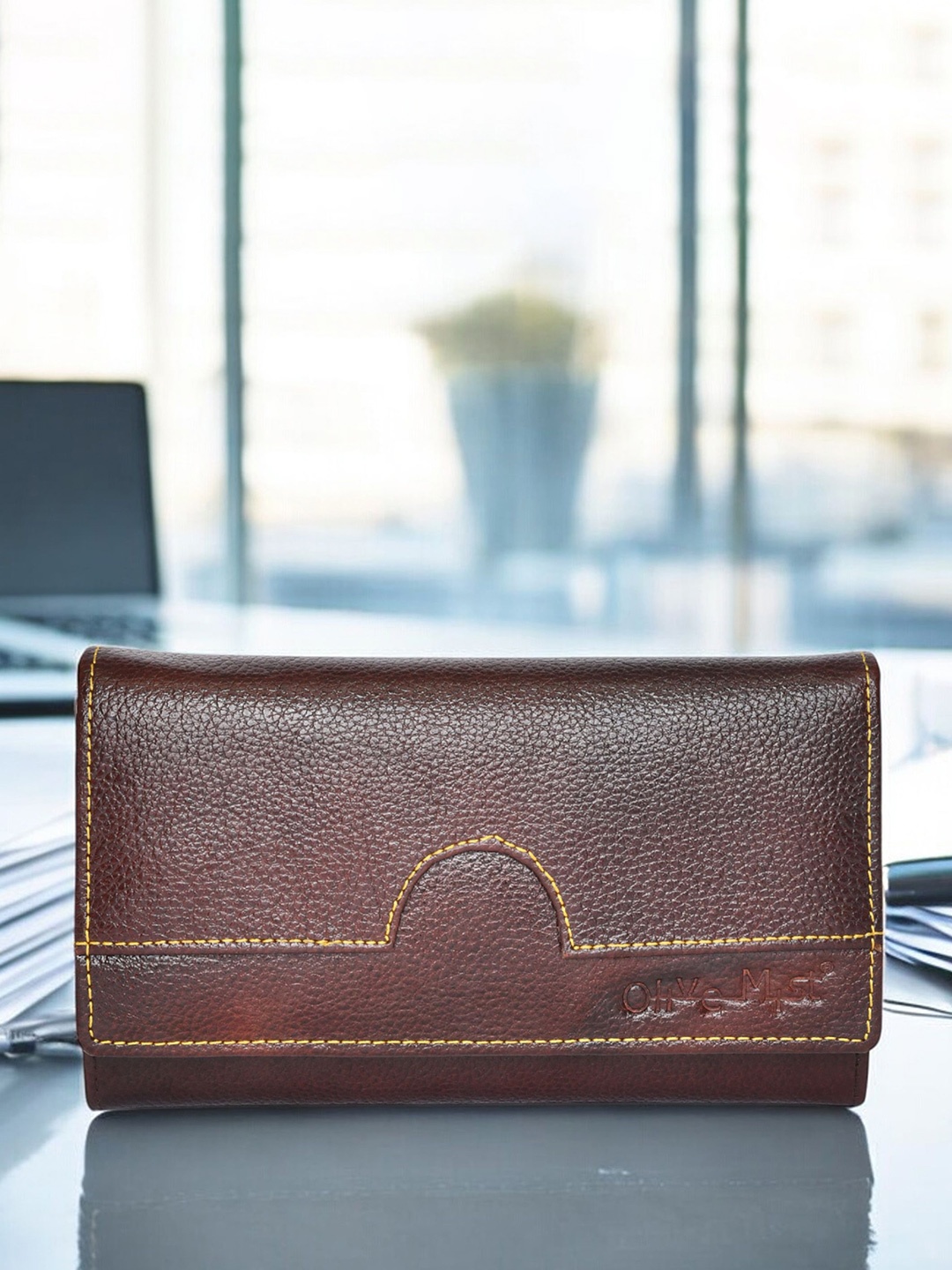 

OLIVE MIST Women Zip Detail Leather Two Fold Wallet, Brown