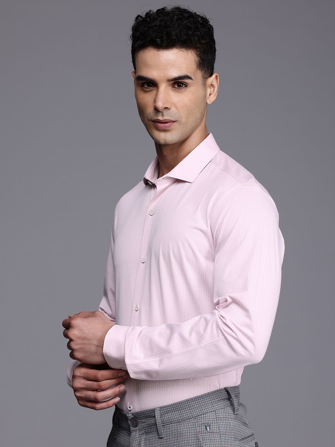 

Louis Philippe Ath.Work Super Slim Fit Opaque Striped Semiformal Shirt, Pink