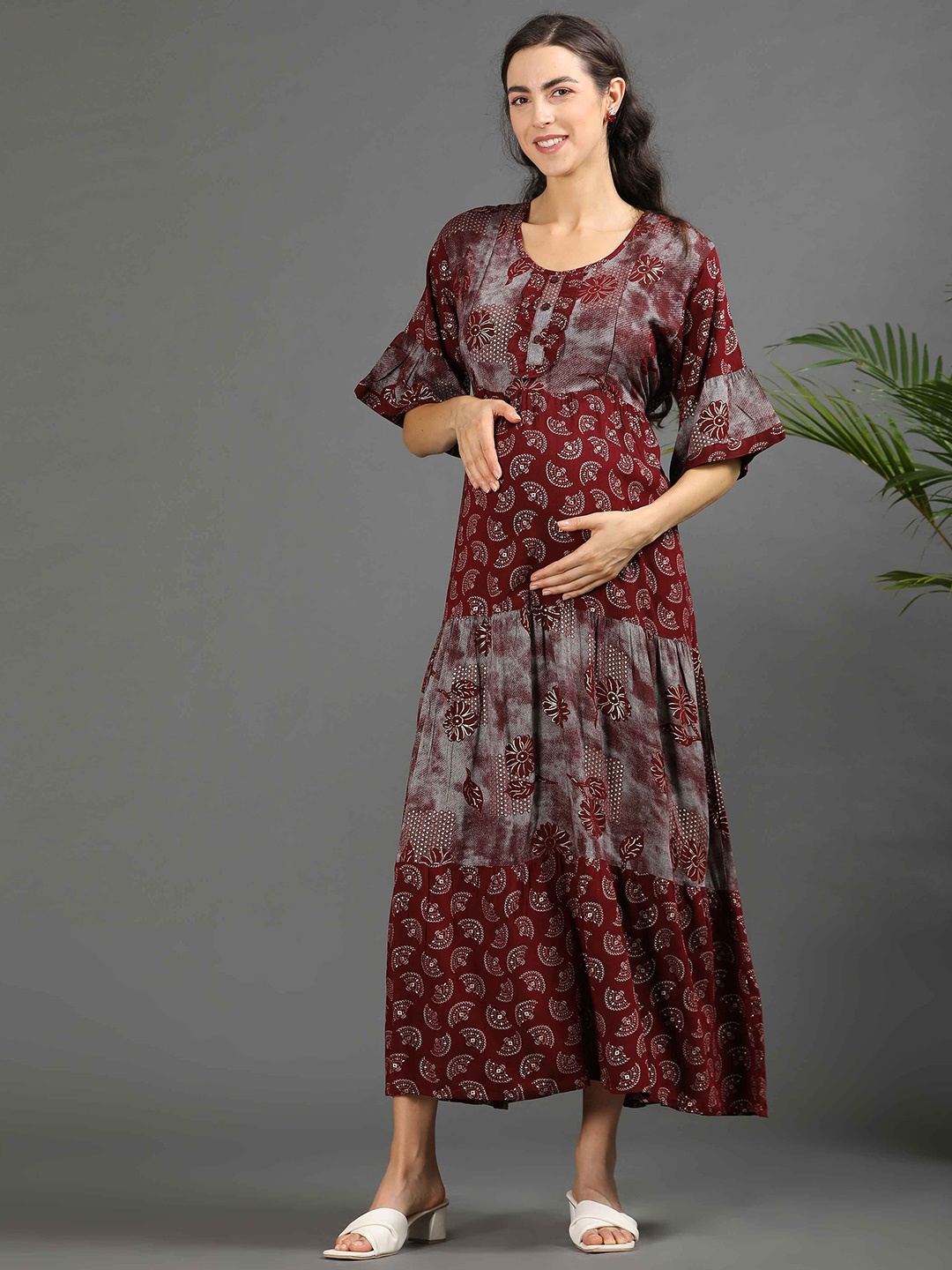 

GOLDSTROMS Ethnic Motifs Print Bell Sleeve Maternity Maxi Midi Dress, Maroon