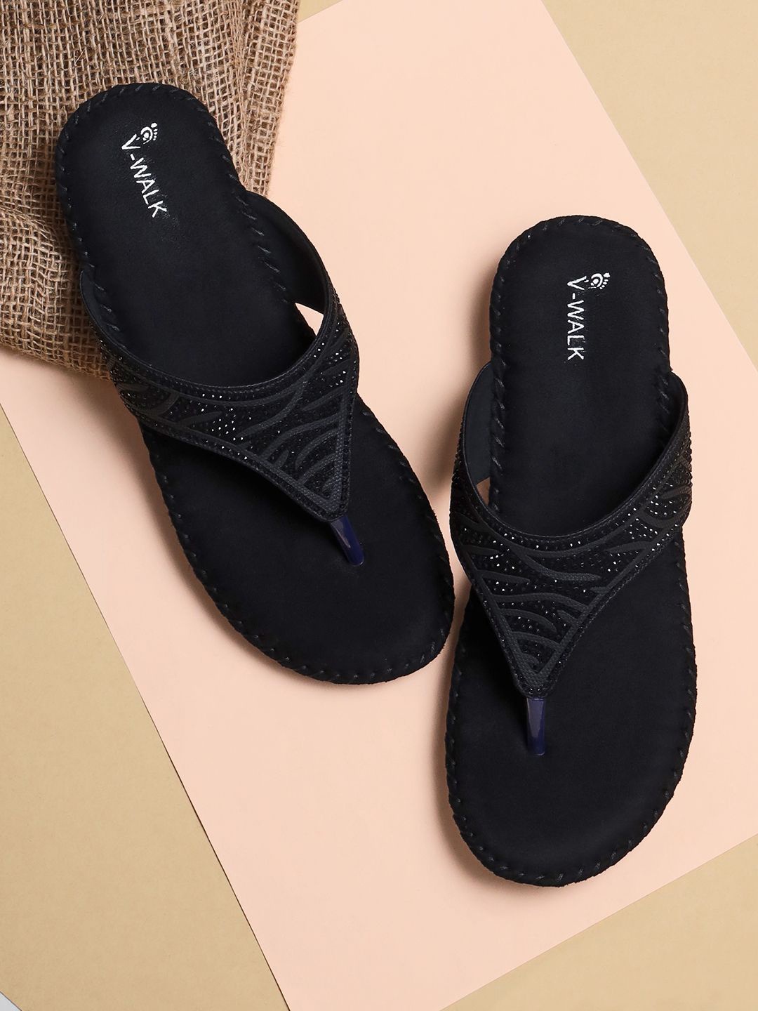 

V-WALK Women Embellished T-Strap Flats, Black