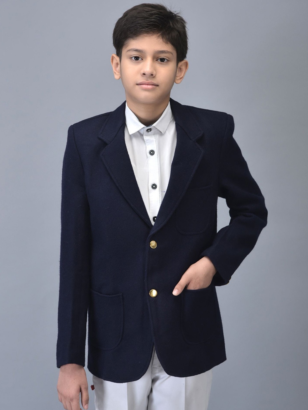 

Noty Kids Woolen Single-Breasted Winter Blazer, Navy blue