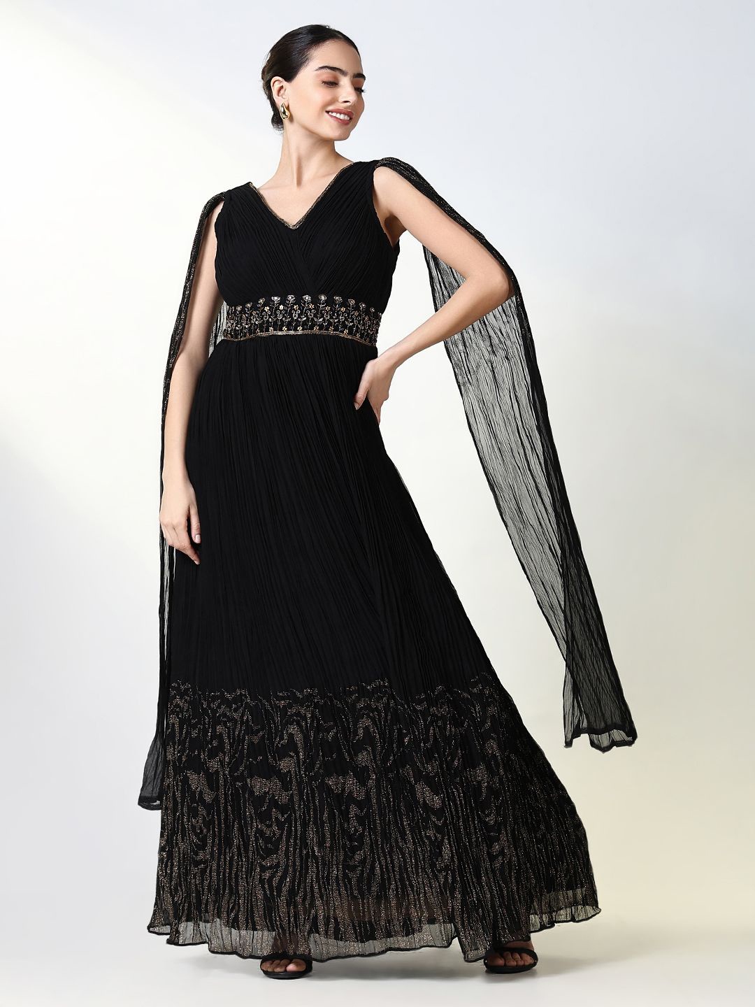 

SHOWOFF Embellished Sequined Detail Cape Sleeve Georgette Maxi Dress, Black