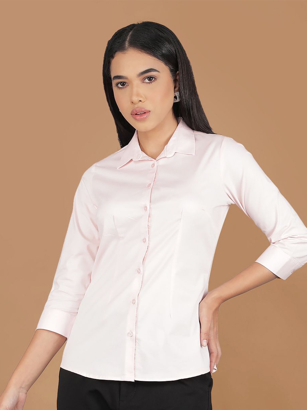 

Crimsoune Club Women Classic Spread Collar Solid Cotton Slim Fit Casual Shirt, Pink