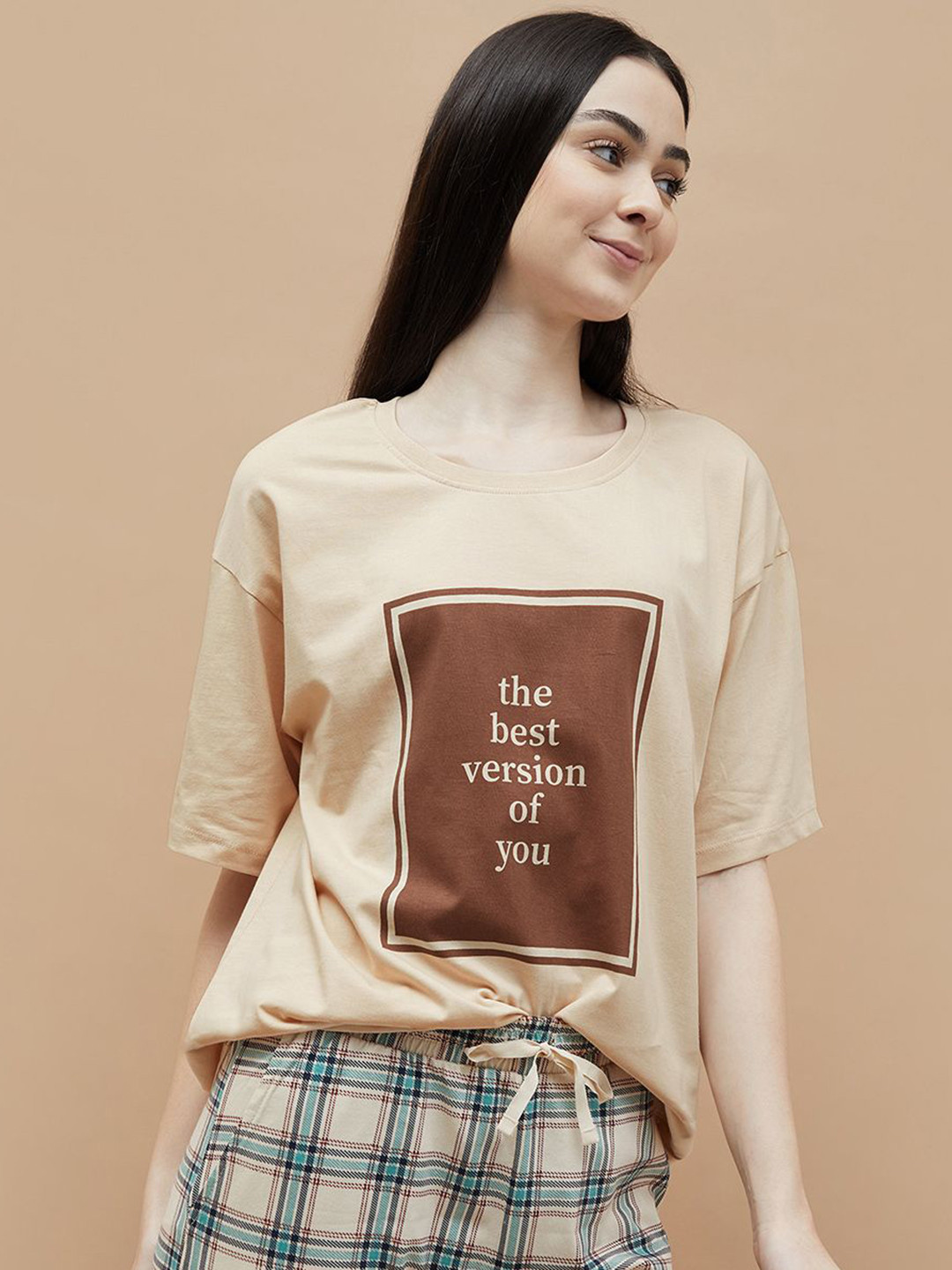 

Ginger by Lifestyle Women Typography Printed Drop-Shoulder Sleeves Pockets T-shirt, Beige