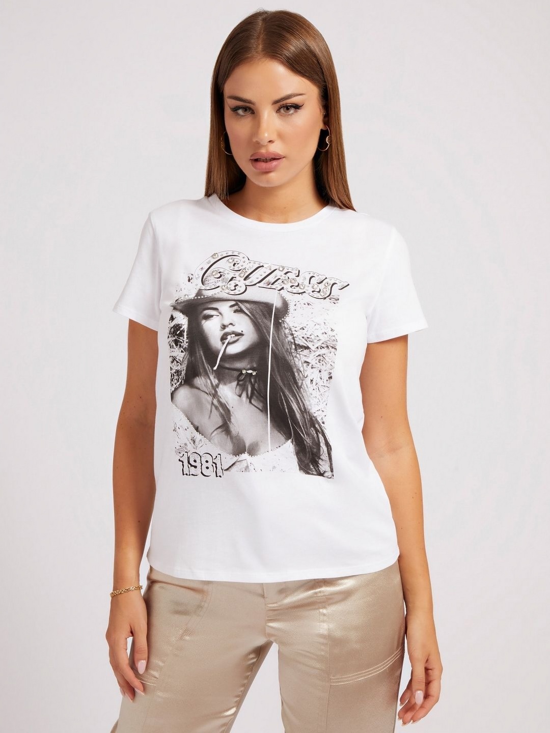 

GUESS Women Printed Pure Cotton Applique T-shirt, White
