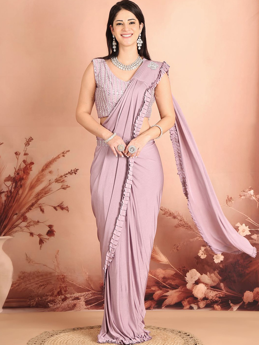 

Grancy Embellished Sequinned Ready to Wear Leheriya Saree, Mauve
