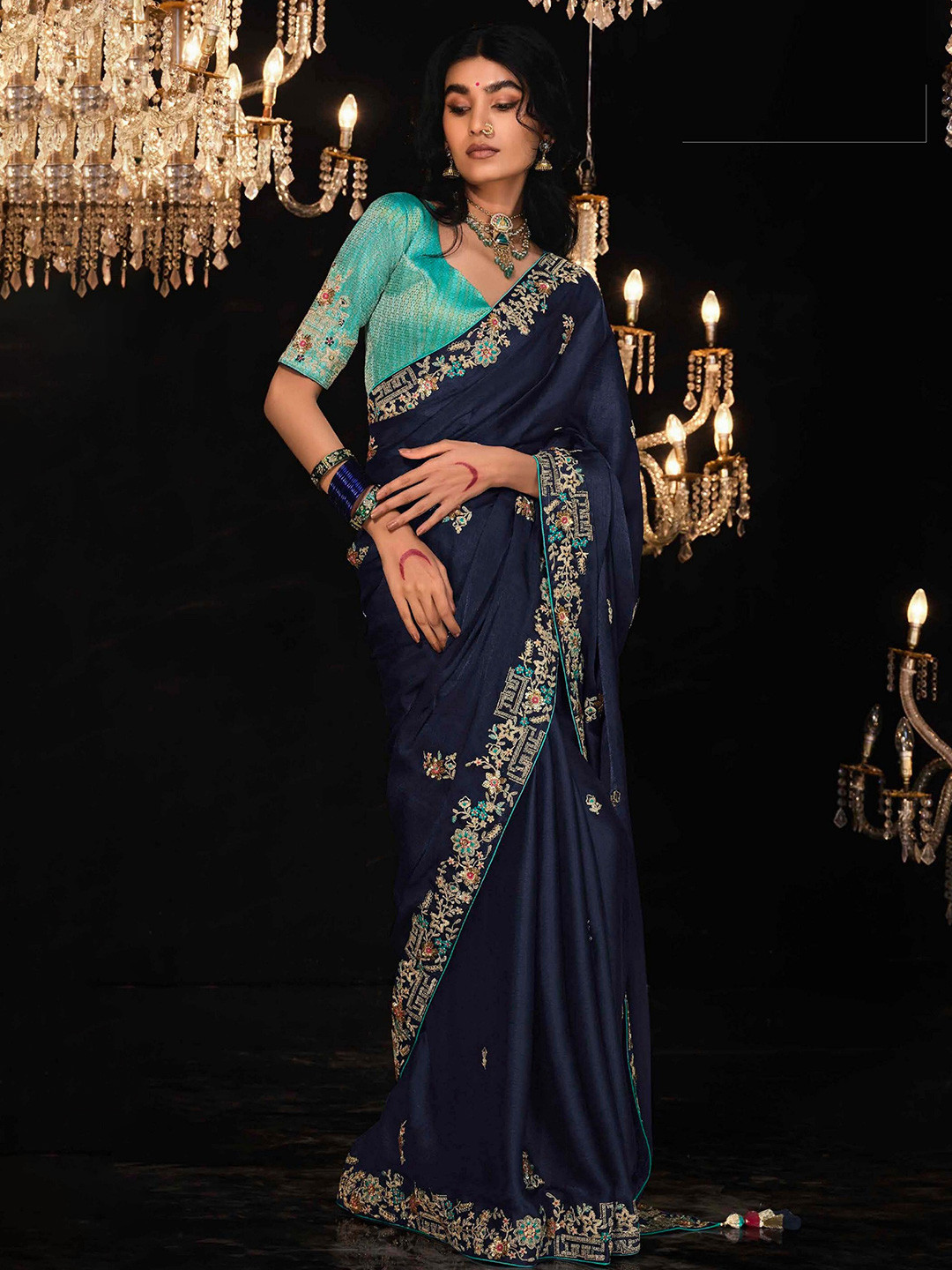 

MAHALASA Ethnic Motifs Embroidered Tissue Saree, Blue