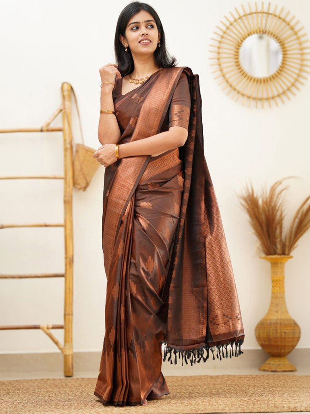 

Jinax Woven Design Zari Pure Silk Banarasi Saree, Brown