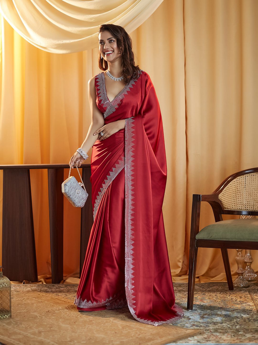 

kasee Beads and Stones Satin Saree, Red
