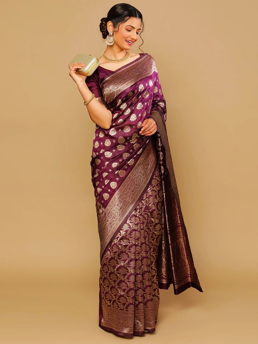 

SHRIMAY Woven Design Silk Blend Ready to Wear Banarasi Saree, Purple