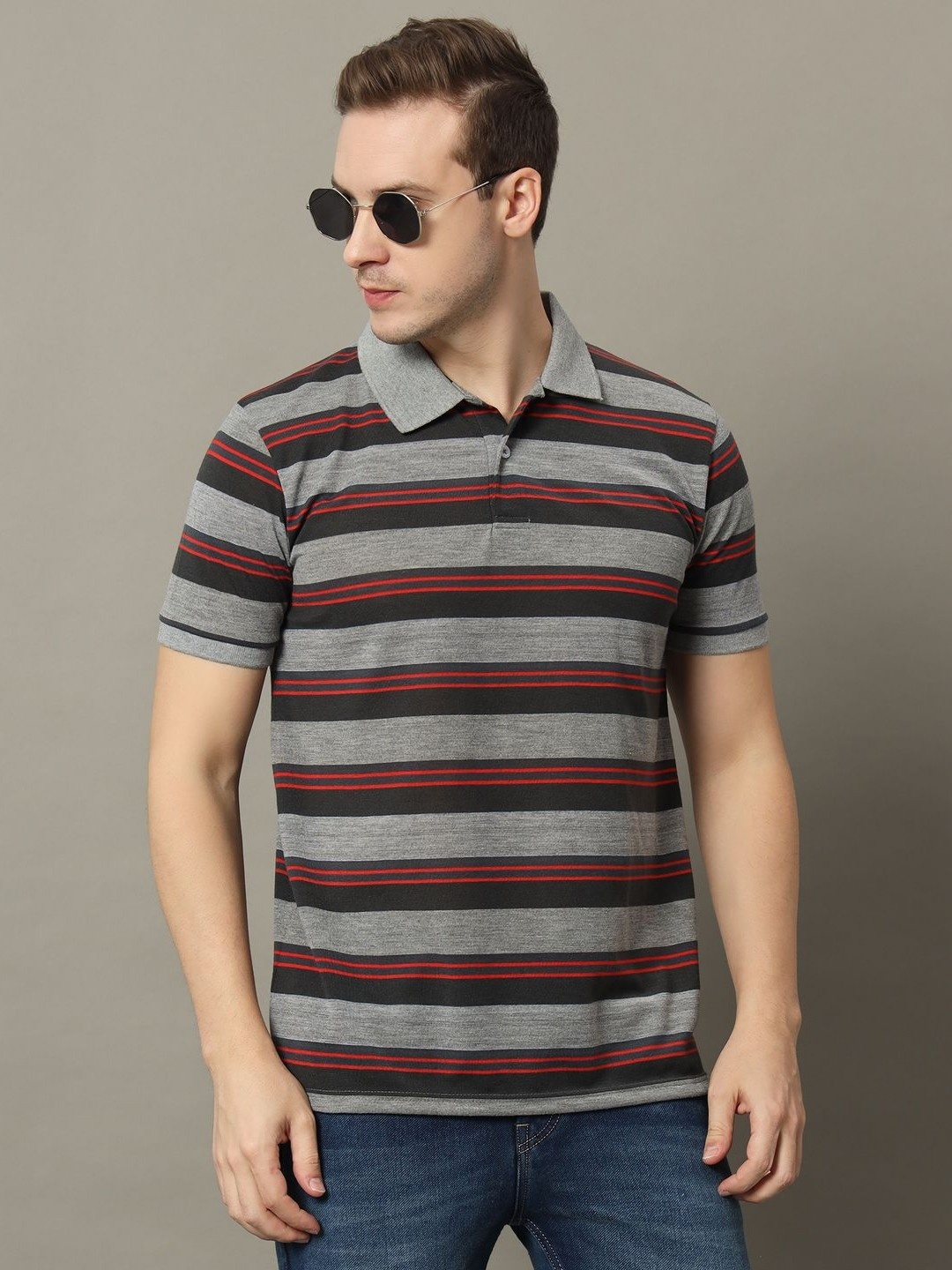 

GET GOLF Men Striped Polo Collar Cotton T-shirt, Grey