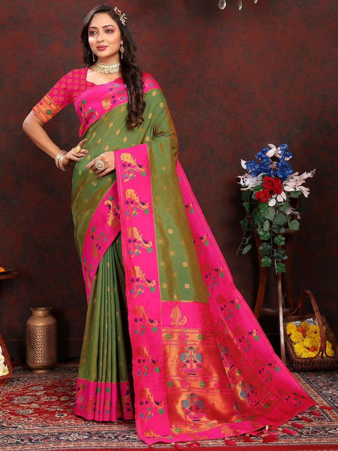 

Anaita Woven Design Zari Silk Blend Paithani Saree, Green