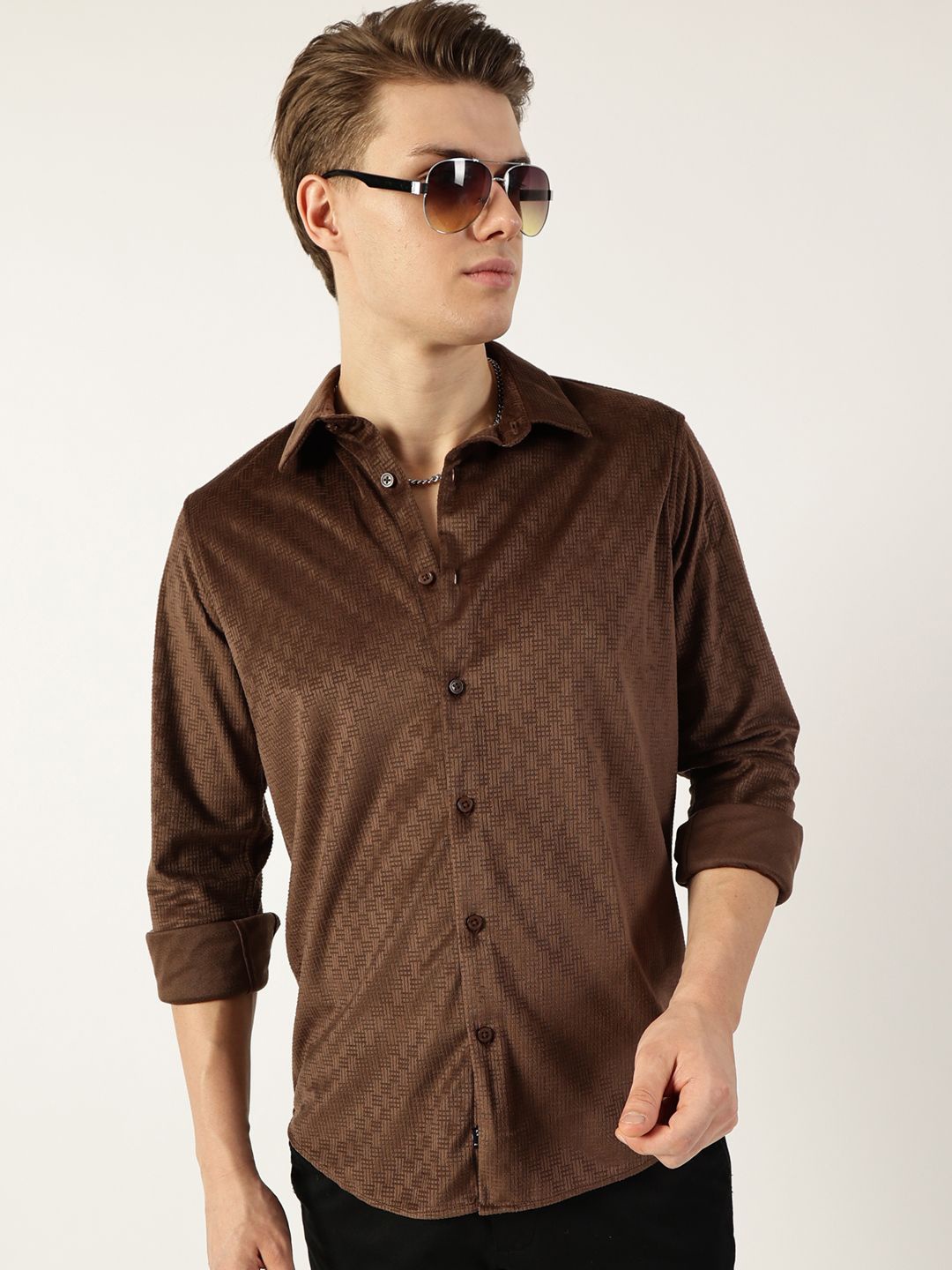 

Thomas Scott Men Classic Spread Collar Textured Solid Slim Fit Casual Shirt, Brown