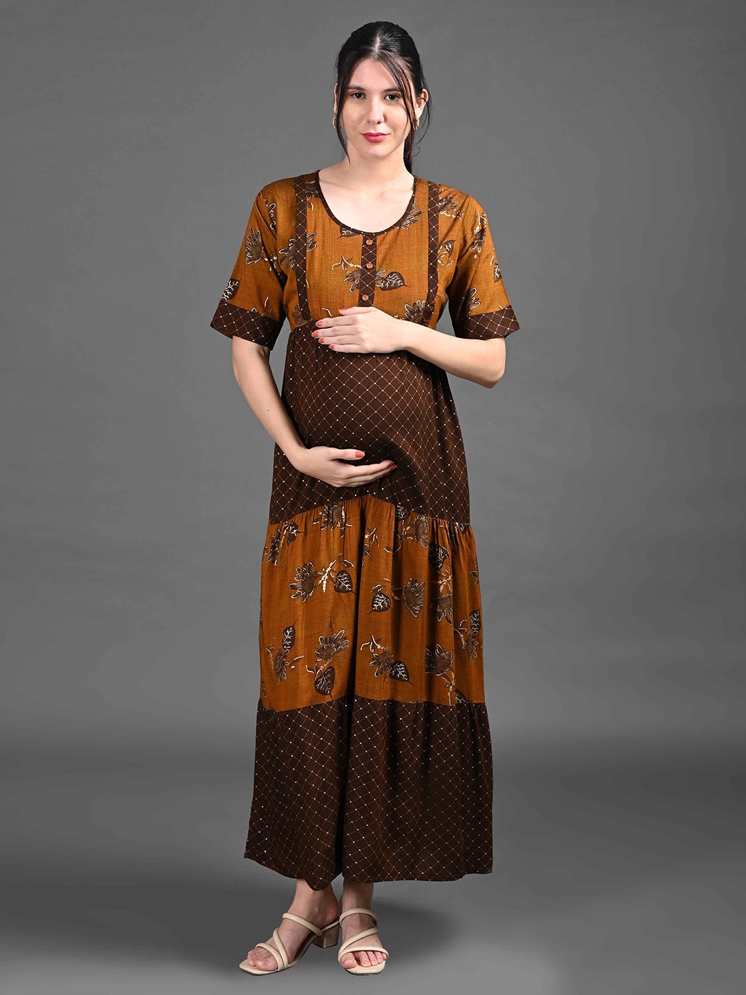 

GOLDSTROMS Ethnic Motifs Print Maternity Maxi Dress, Brown