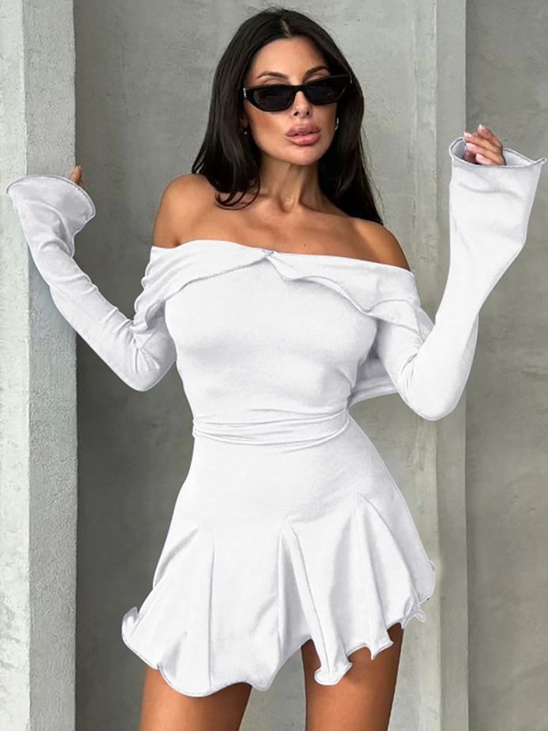 

LULU & SKY Off-Shoulder Bell Sleeve Bodycon Mini Dress, White