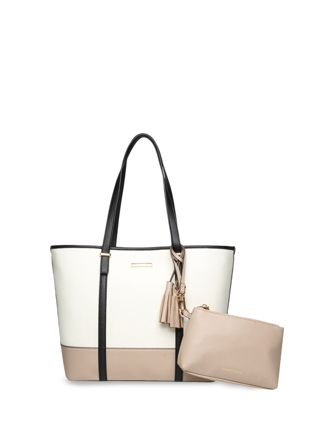 

ANNE KLEIN Colourblocked Oversized Shopper Tote Bag with Tasselled, White