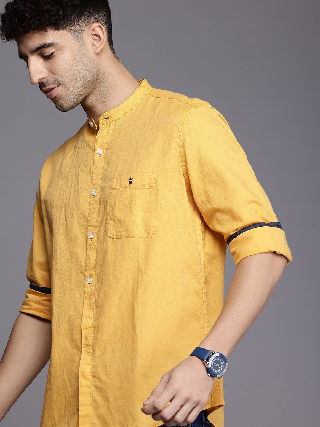 

Louis Philippe Jeans Band Collar Slim Fit Cotton-Linen Casual Shirt, Yellow