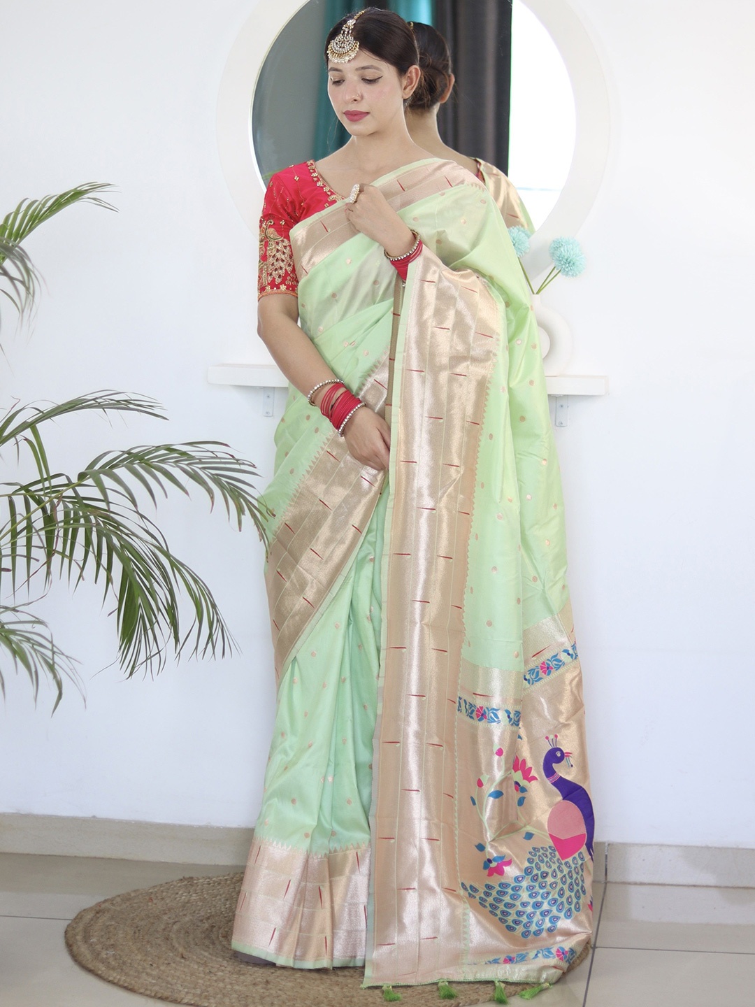 

Anaita Woven Design Zari Silk Blend Designer Paithani Saree, Green