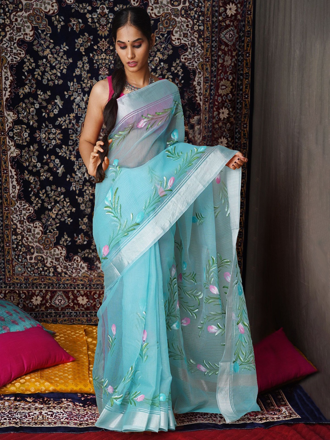 

Unnati Silks Floral Zari Net Handloom Kota Saree, Blue