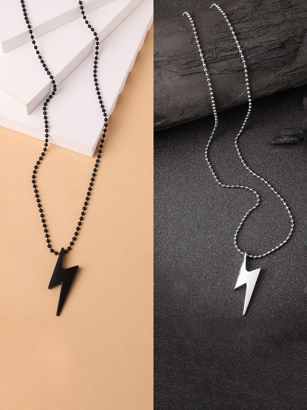 

NVR Rhodium-Plated Geometric Pendants with Chains, Black