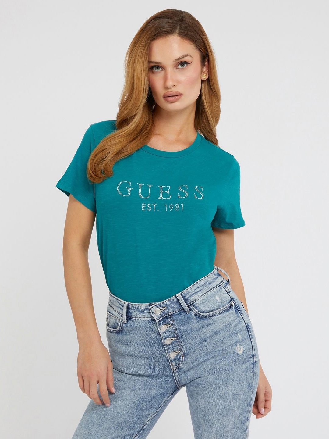 

GUESS Women Typography Printed Pure Cotton Applique T-shirt, Blue