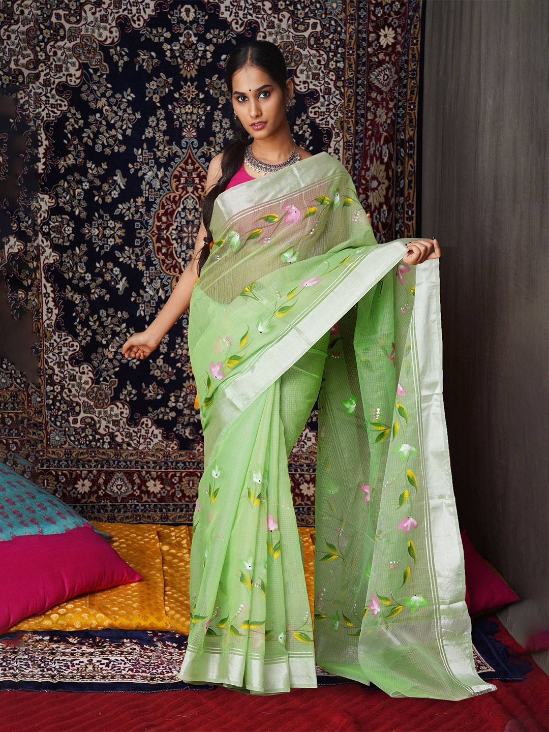 

Unnati Silks Floral Zari Net Handloom Kota Saree, Green