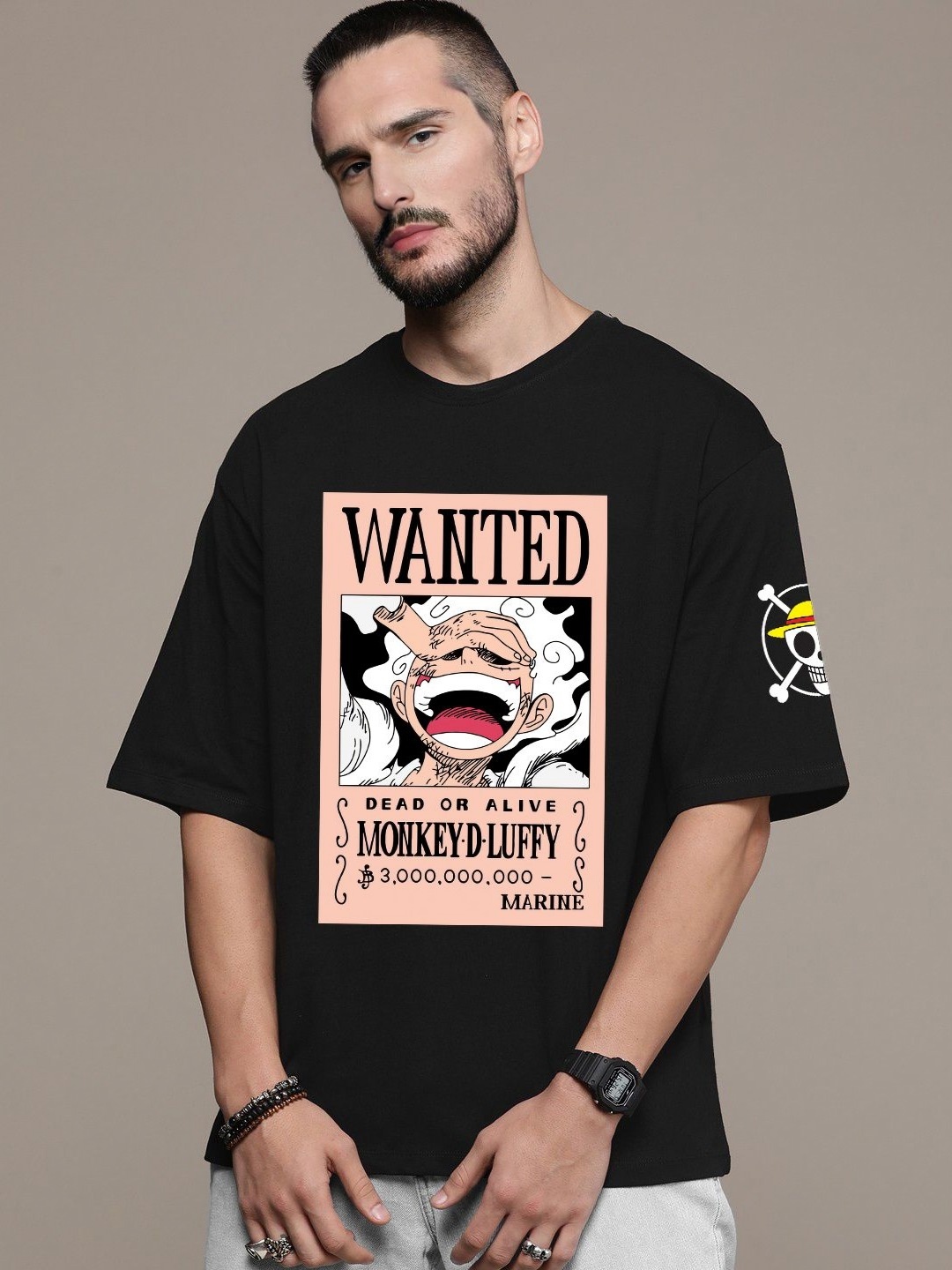 

Manlino Unisex Printed Drop-Shoulder Sleeves Applique T-shirt, Black