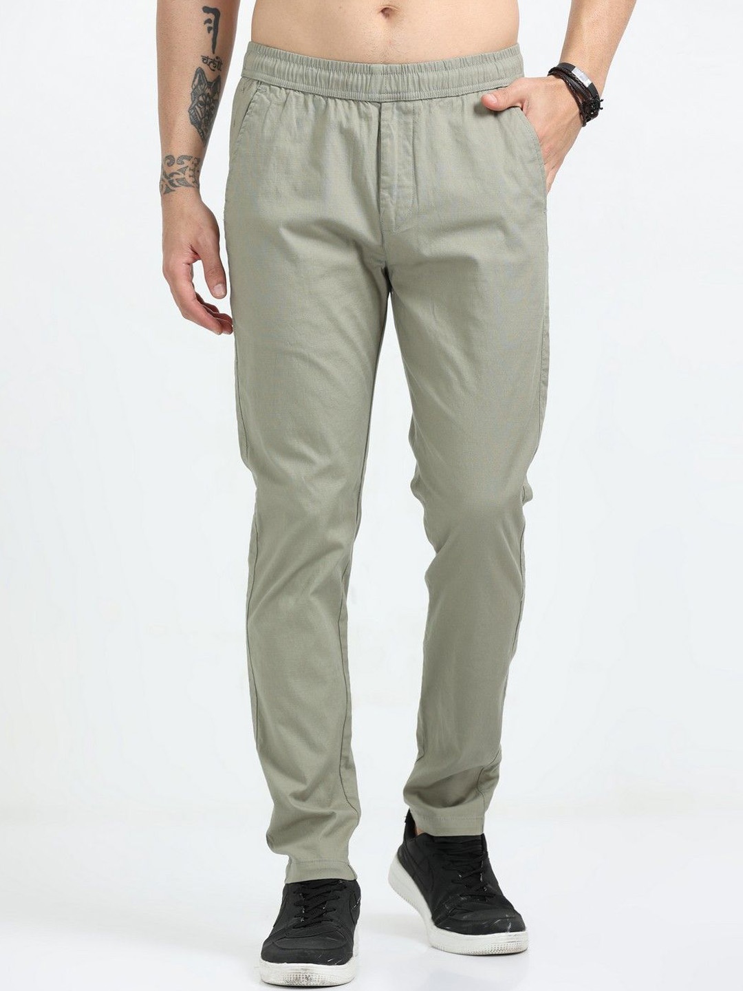 

NEVER NEUD Men Relaxed Comfy Lazy Linen Trousers, Olive