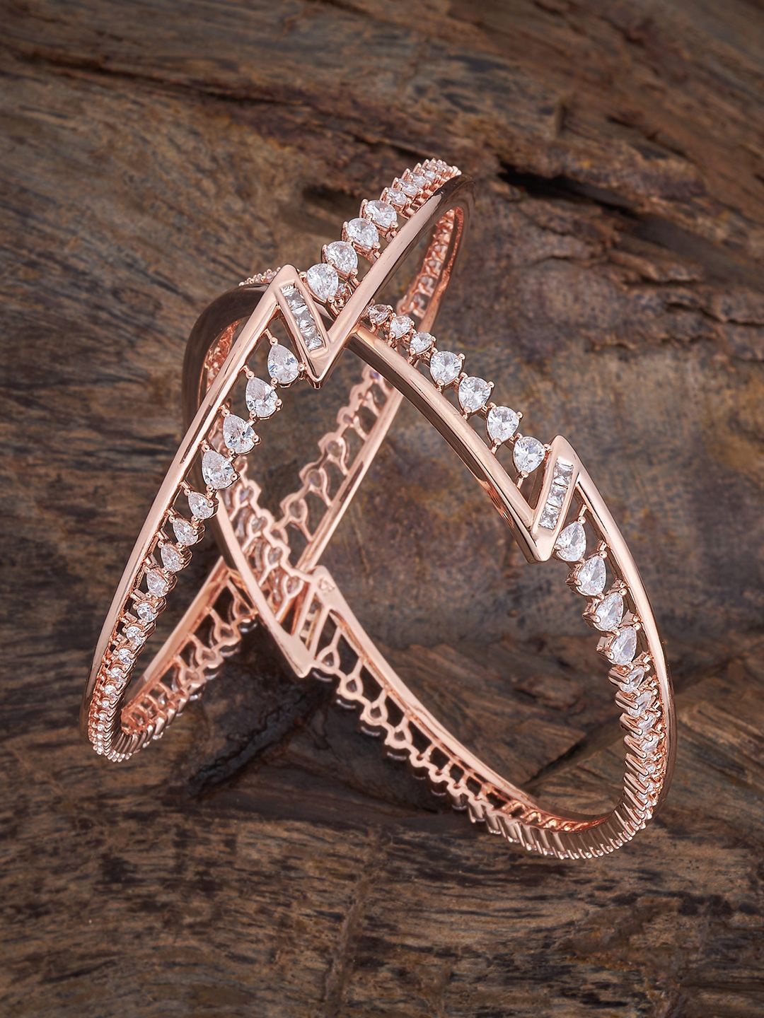 

Kushal's Fashion Jewellery Set Of 2 Rose Gold-Plated CZ Stone Studded Bangles