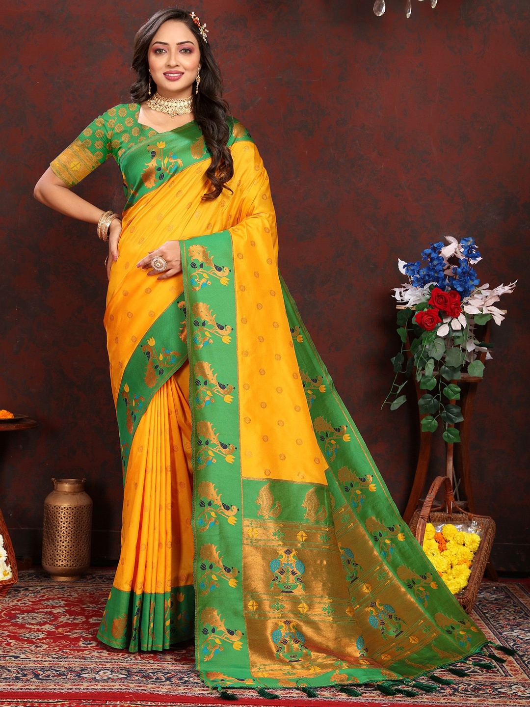 

Anaita Woven Design Zari Silk Blend Paithani Saree, Yellow