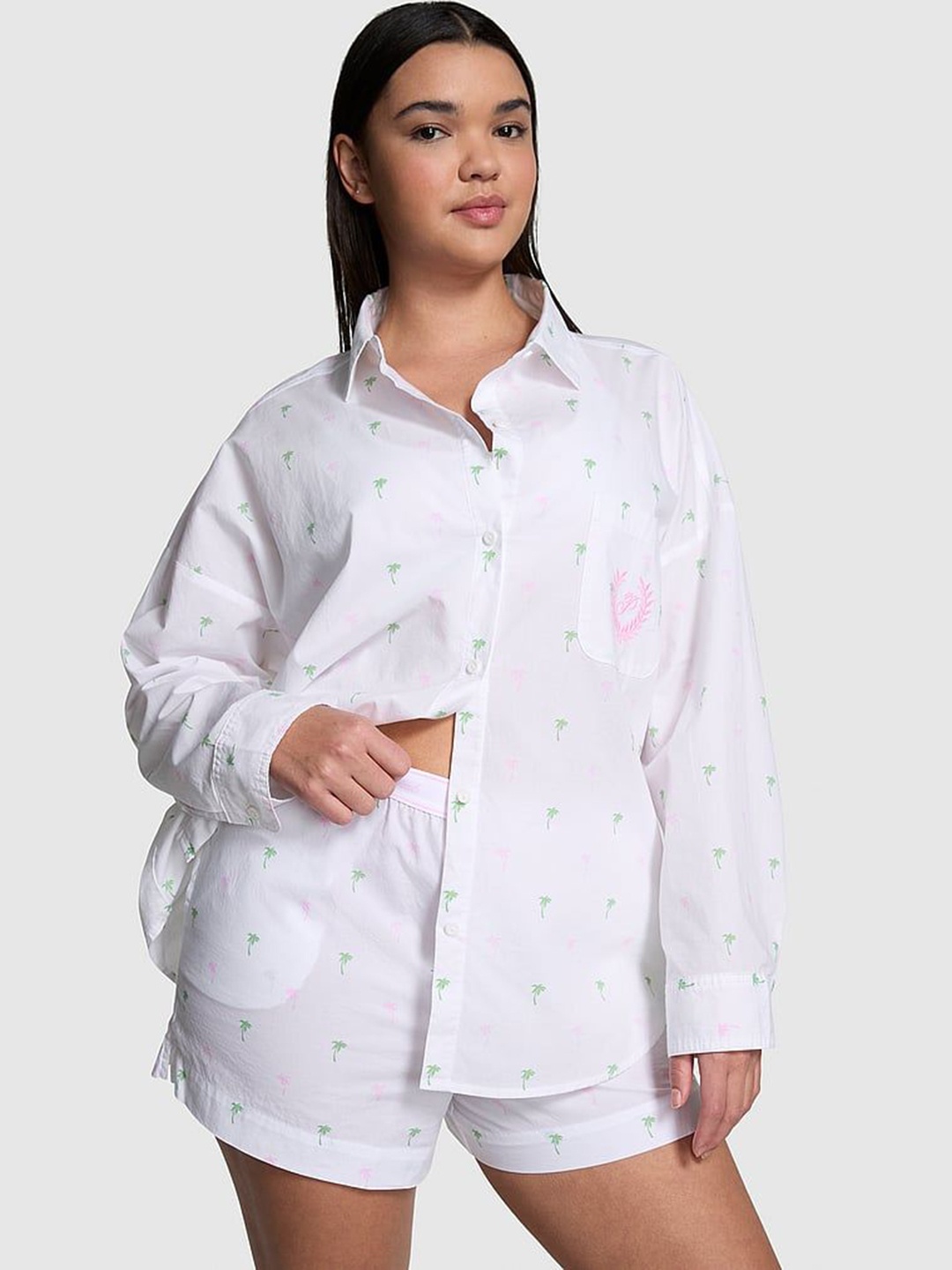 

Victoria's Secret PINK Pure Cotton Printed Poplin Oversized Button-Down Sleepshirt, White