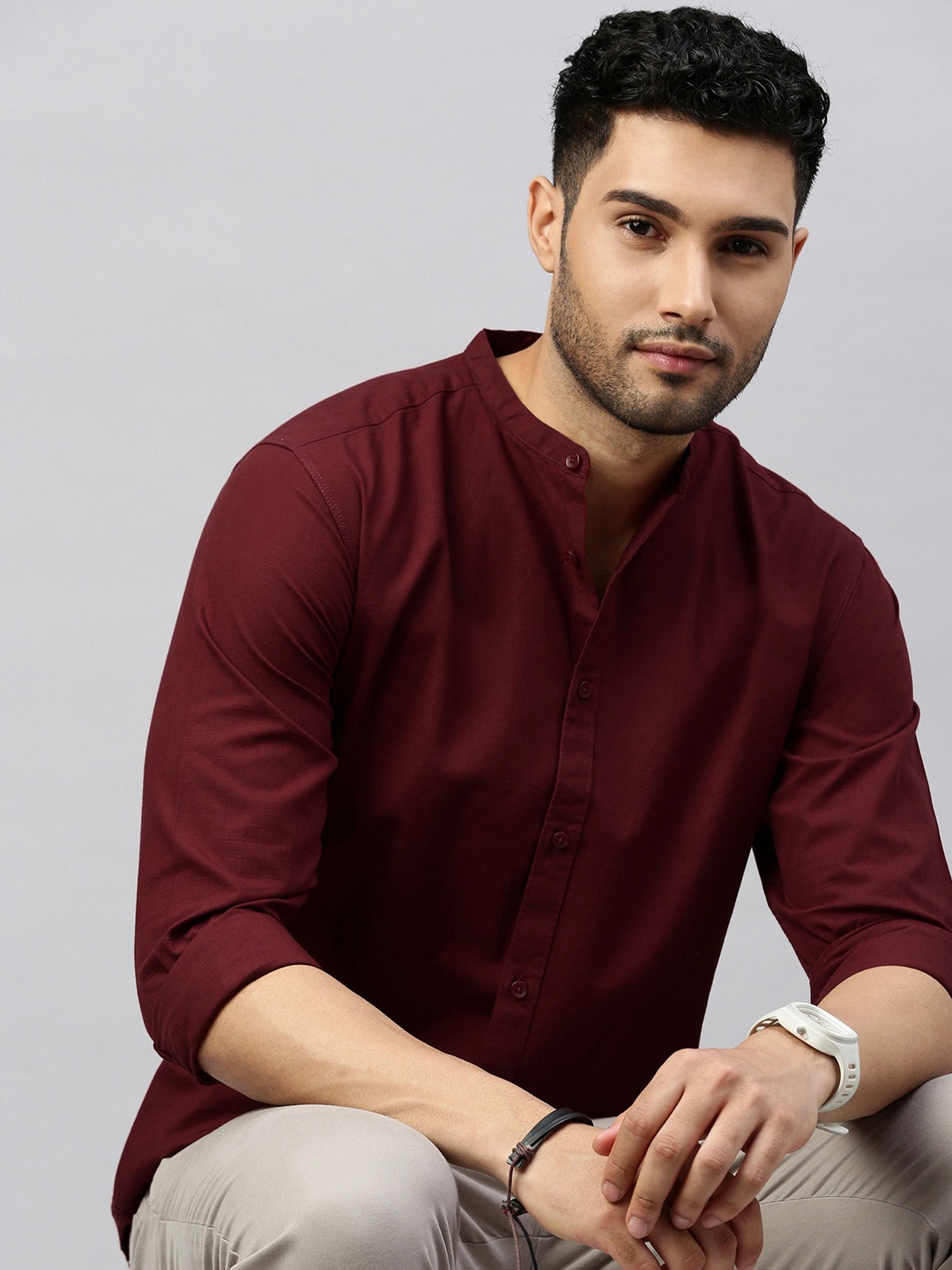 

British Club Men Classic Mandarin Collar Solid Cotton Slim Fit Casual Shirt, Maroon