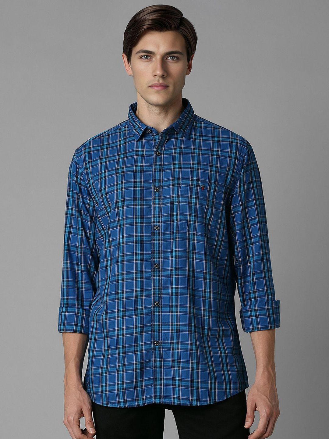 

Louis Philippe Jeans Pure Cotton Checked Slim Fit Casual Shirt, Blue