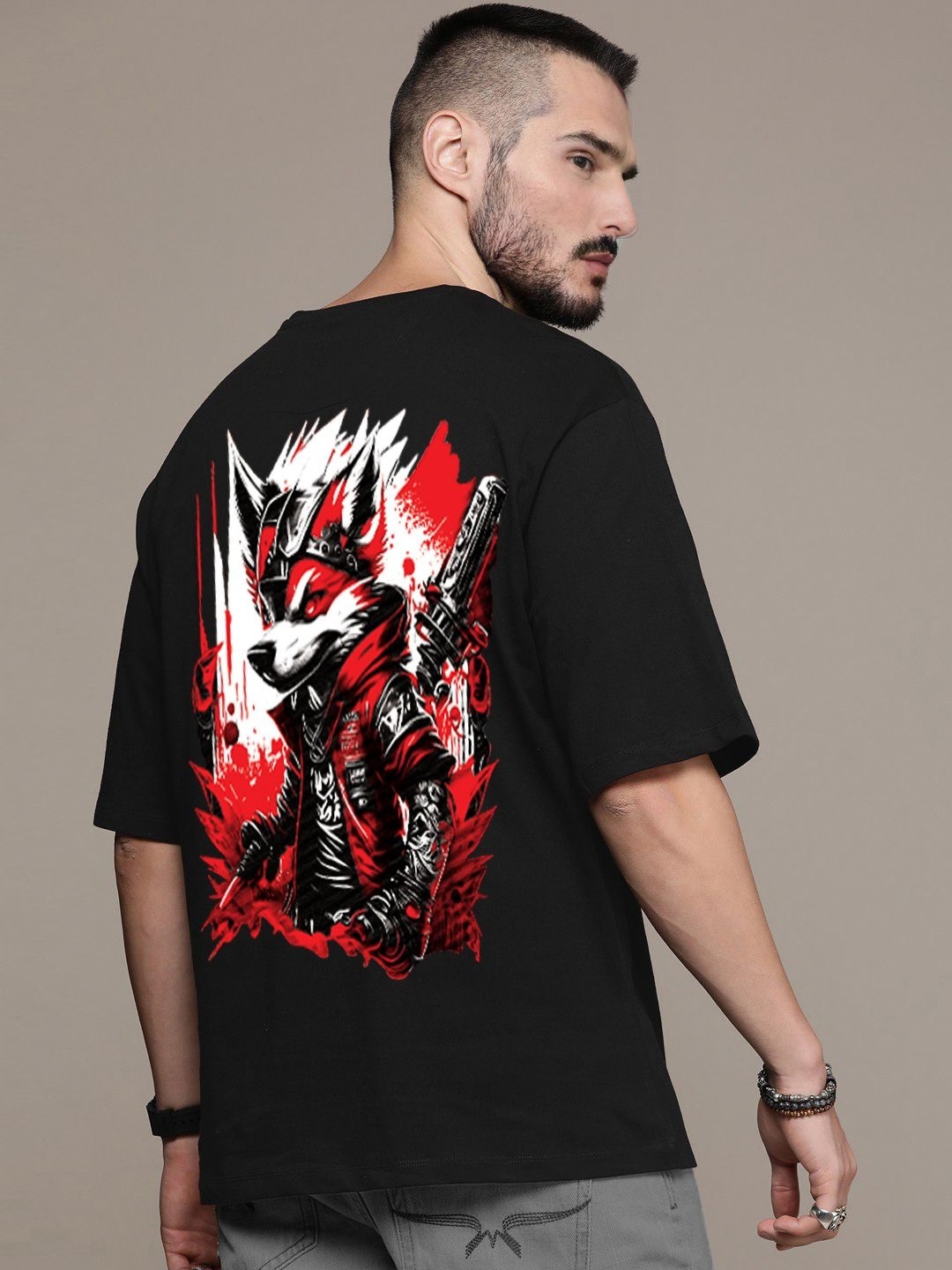 

Manlino Unisex Printed Drop-Shoulder Sleeves T-shirt, Black