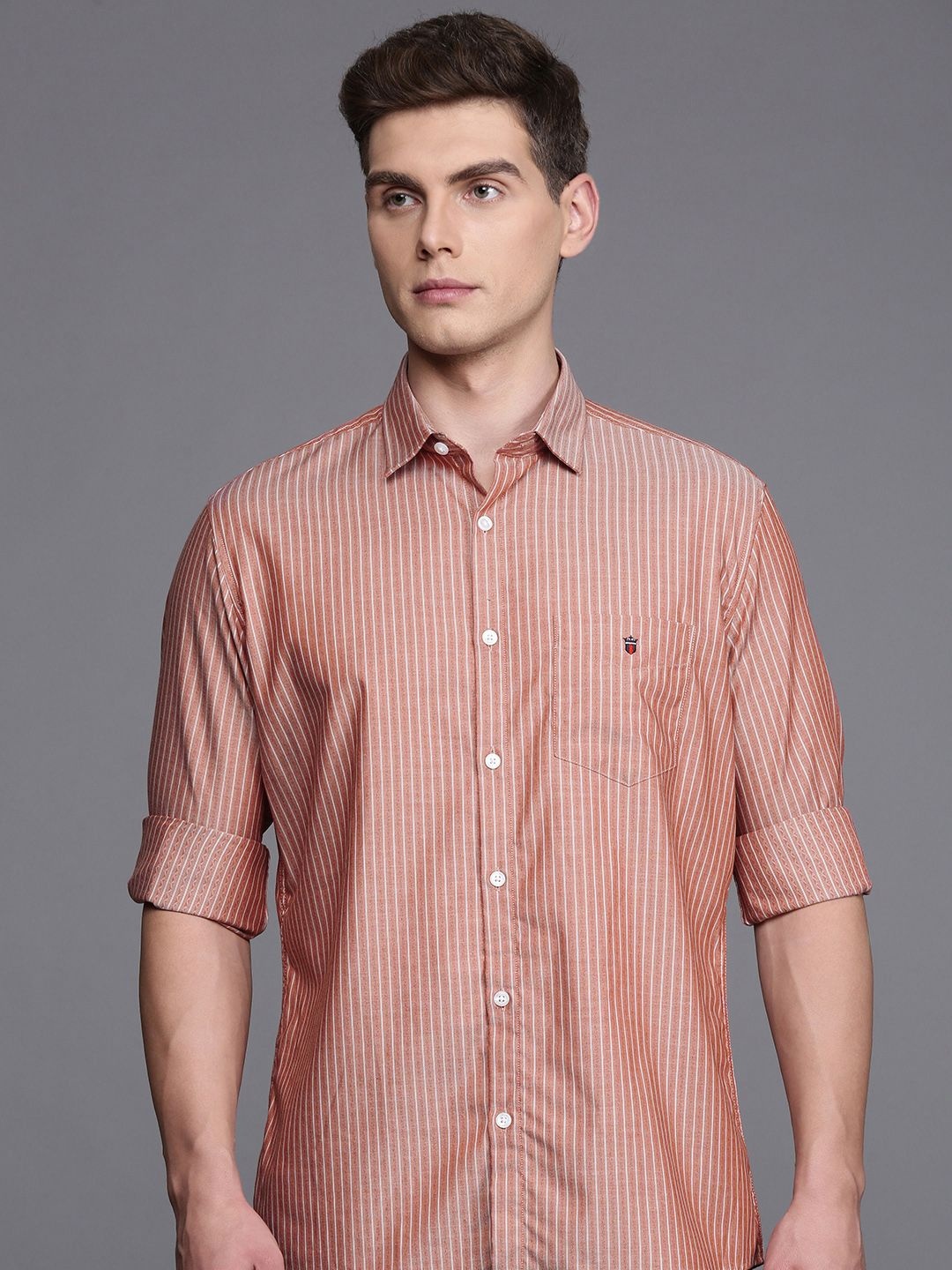 

Louis Philippe Sport Pure Cotton Slim Fit Opaque Striped Casual Shirt, Brown