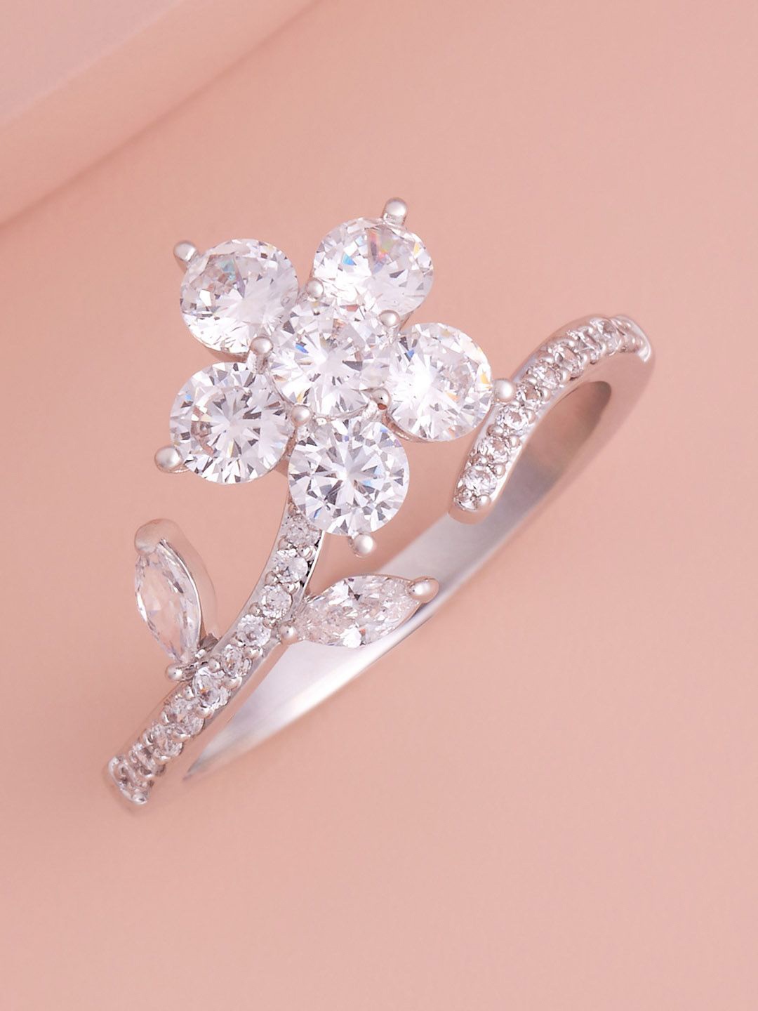 

Kushal's Fashion Jewellery Rhodium-Plated CZ Stone Studded Finger Ring, Silver