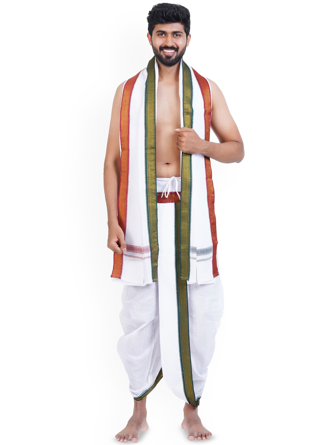 

Ethazh Mens Cotton 7 Mayilkan Border Solid White Panchakacham with Angavasthiram
