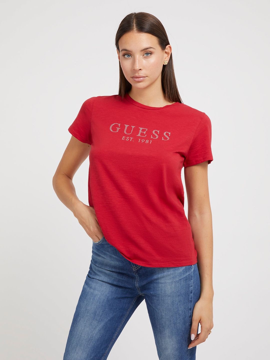 

GUESS Women Typography Printed Pure Cotton T-shirt, Red