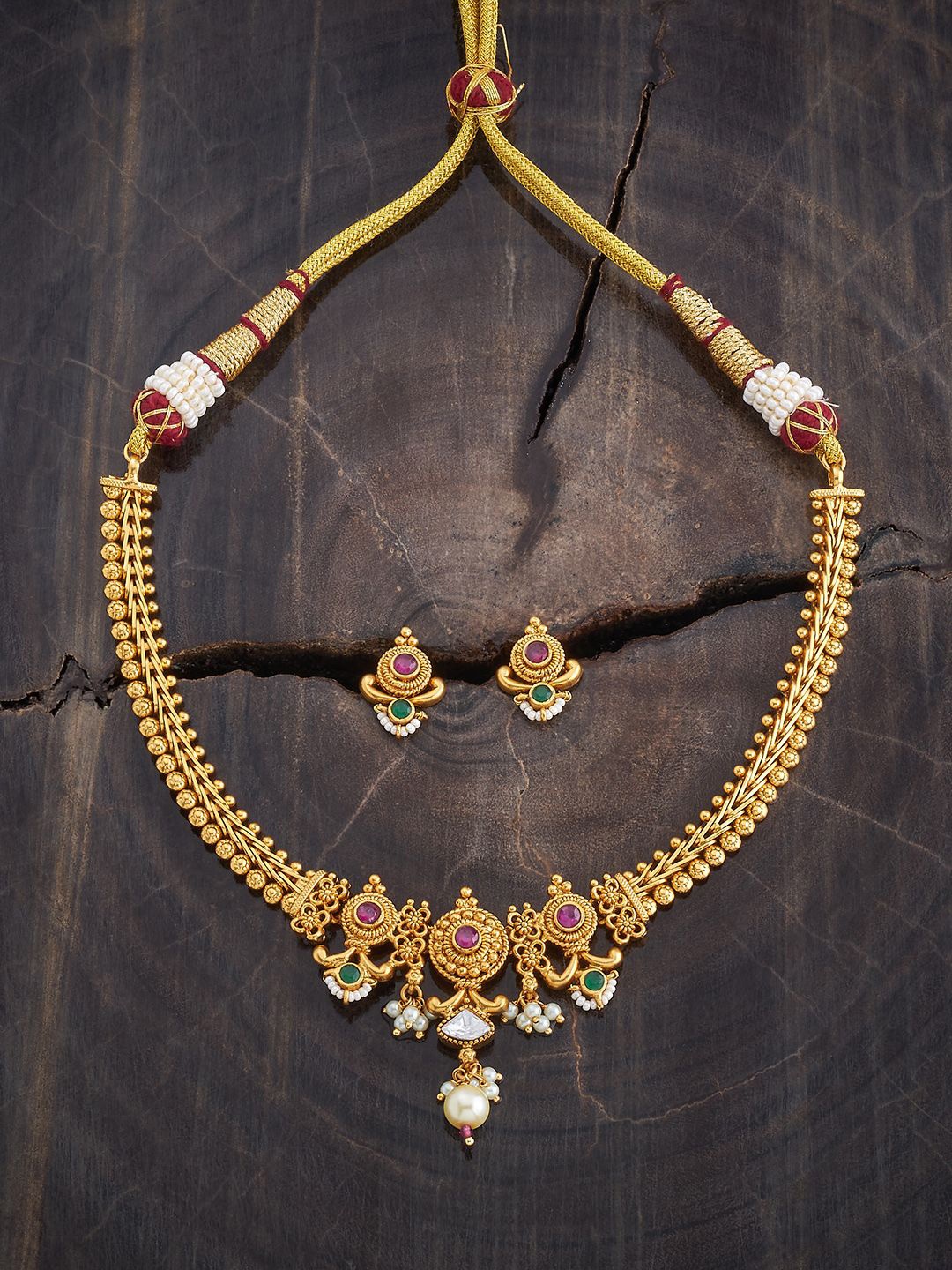 

Kushal's Fashion Jewellery Gold-Plated Stones -Studded & Beaded Antique Jewellery Set