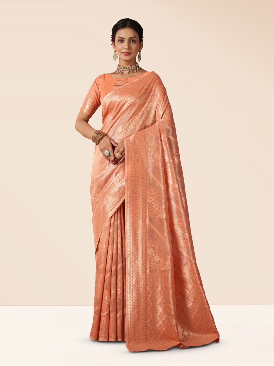 

SARHA Woven Design Zari Silk Cotton Saree, Orange