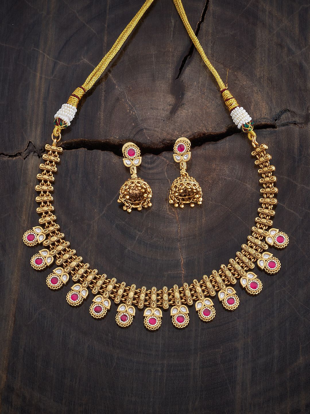 

Kushal's Fashion Jewellery Gold-Plated Stone Studded Antique Jewellery Set