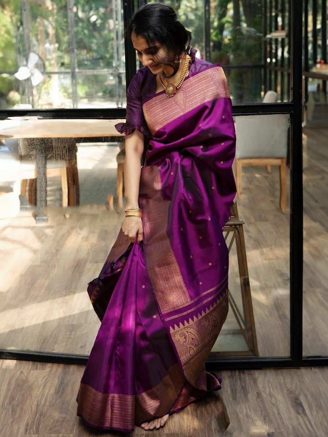 

Jinax Woven Design Zari Pure Silk Banarasi Saree, Purple