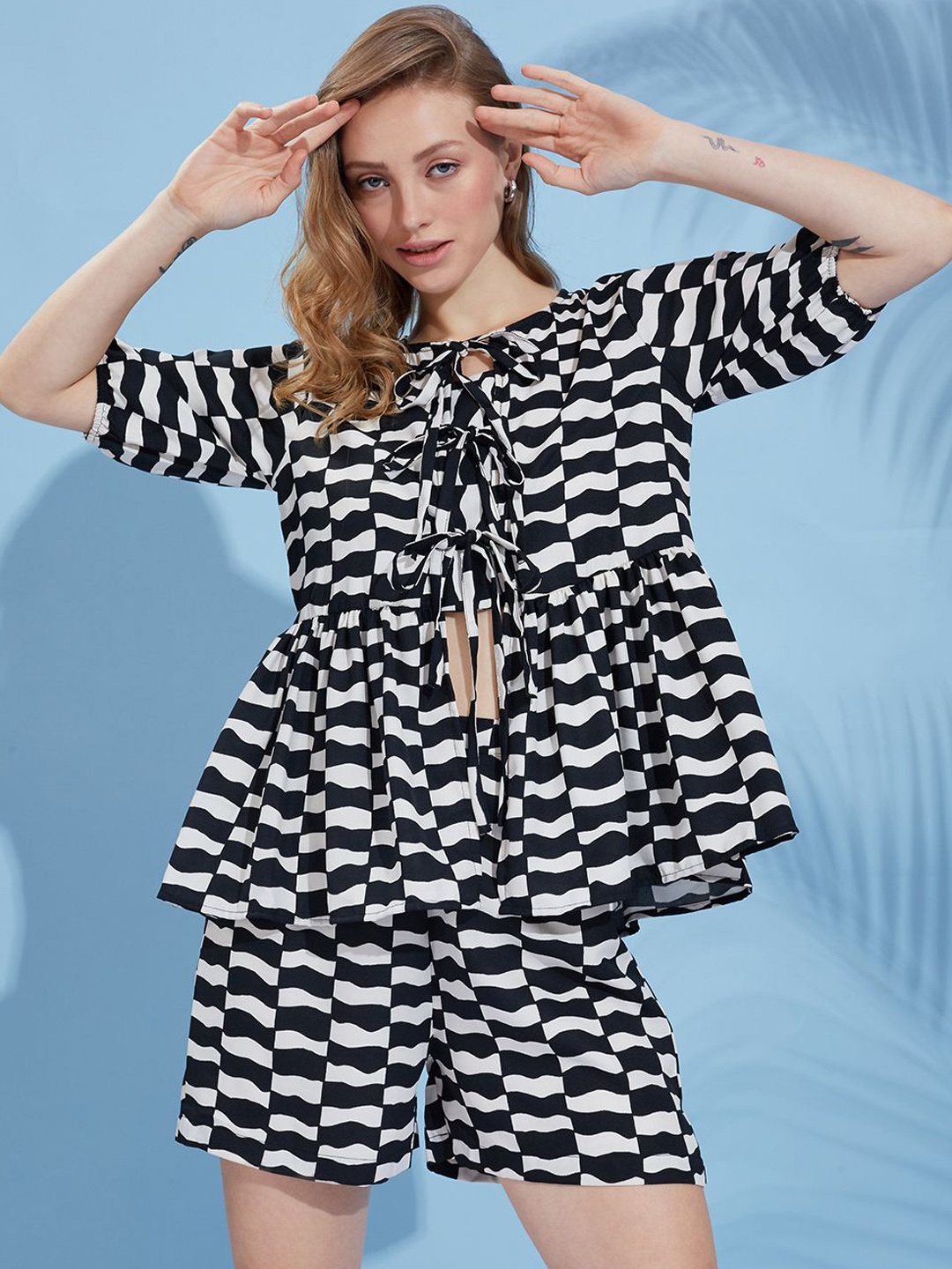 

DressBerry White and Black Printed Short Sleeves Top With Shorts