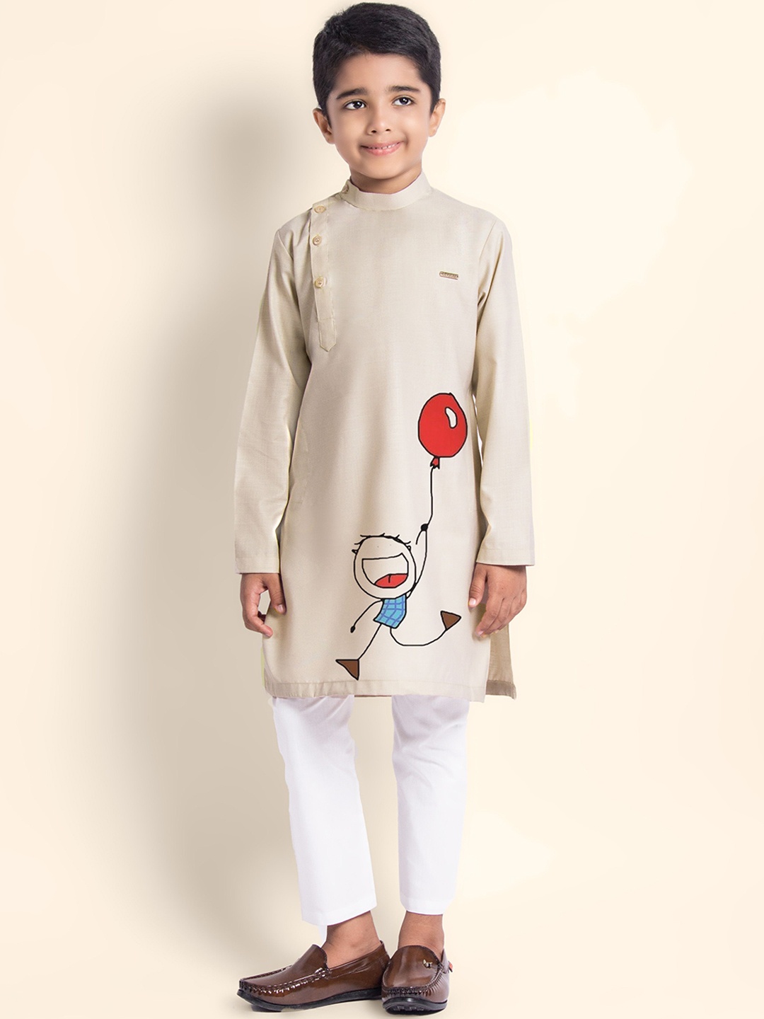 

DEVOILER Boys Ethnic Motifs Printed Thread Work Kurta, Beige