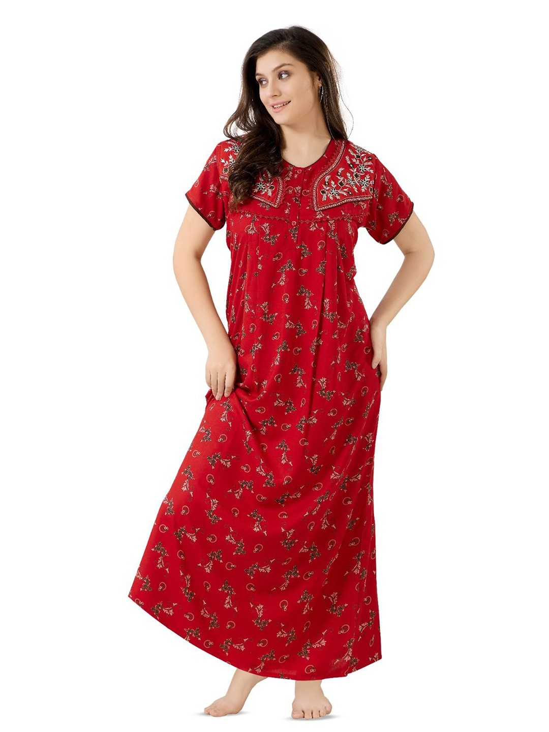 

Soulemo Women Pure Cotton Printed Maxi Nightdress, Red