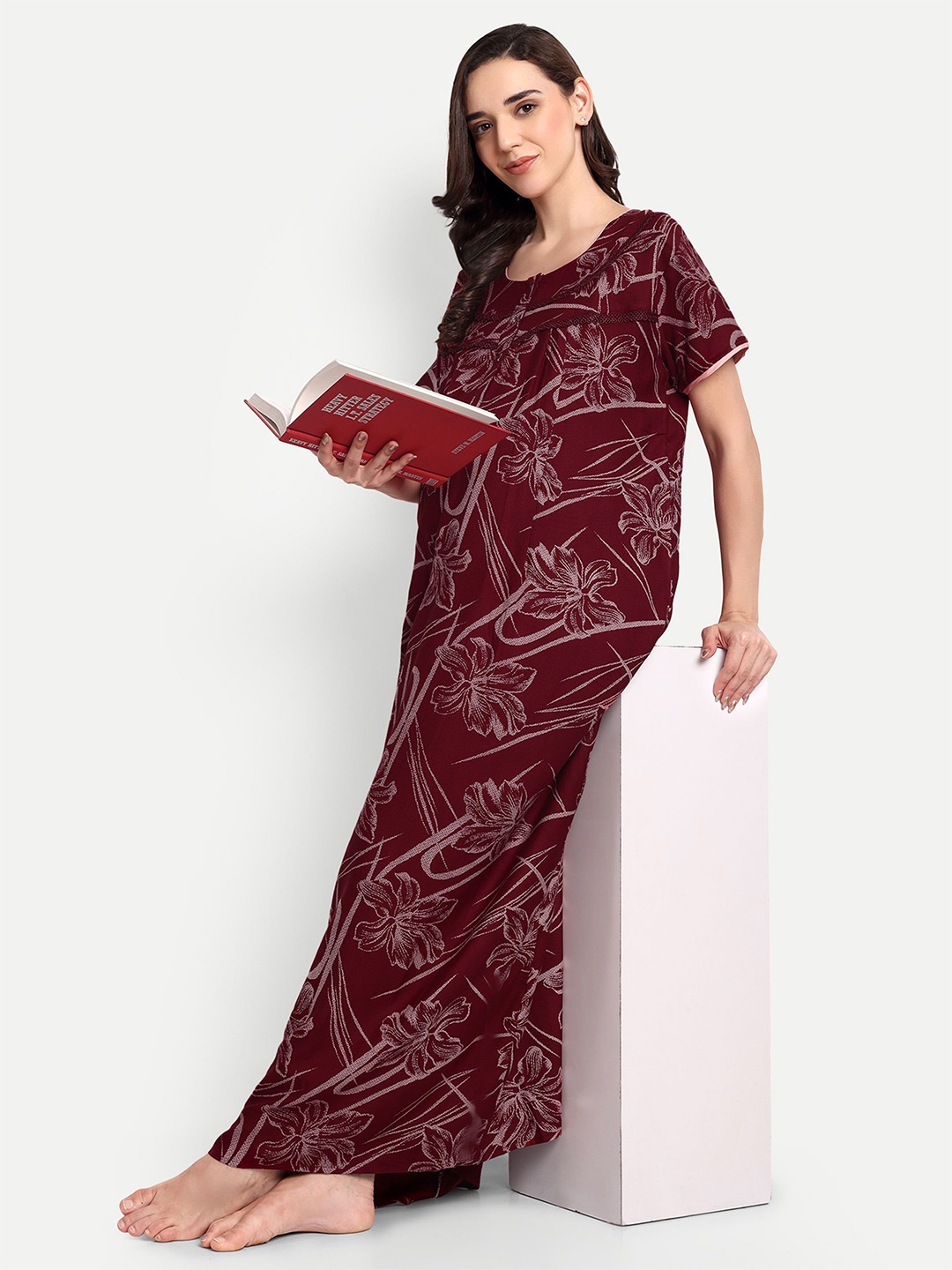

THE MAMA KLUB Printed Maxi Nightdress, Maroon