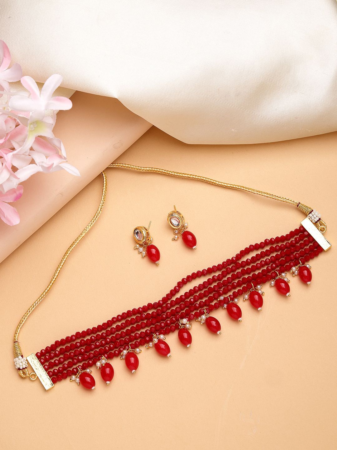 

NVR Girls Gold-Plated Stone Studded & Beaded Layered Jewellery Set