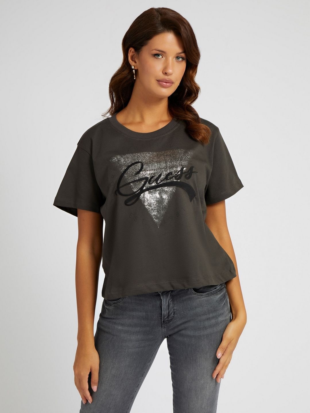 

GUESS Women Printed Pure Cotton Pockets Boxy T-shirt, Grey