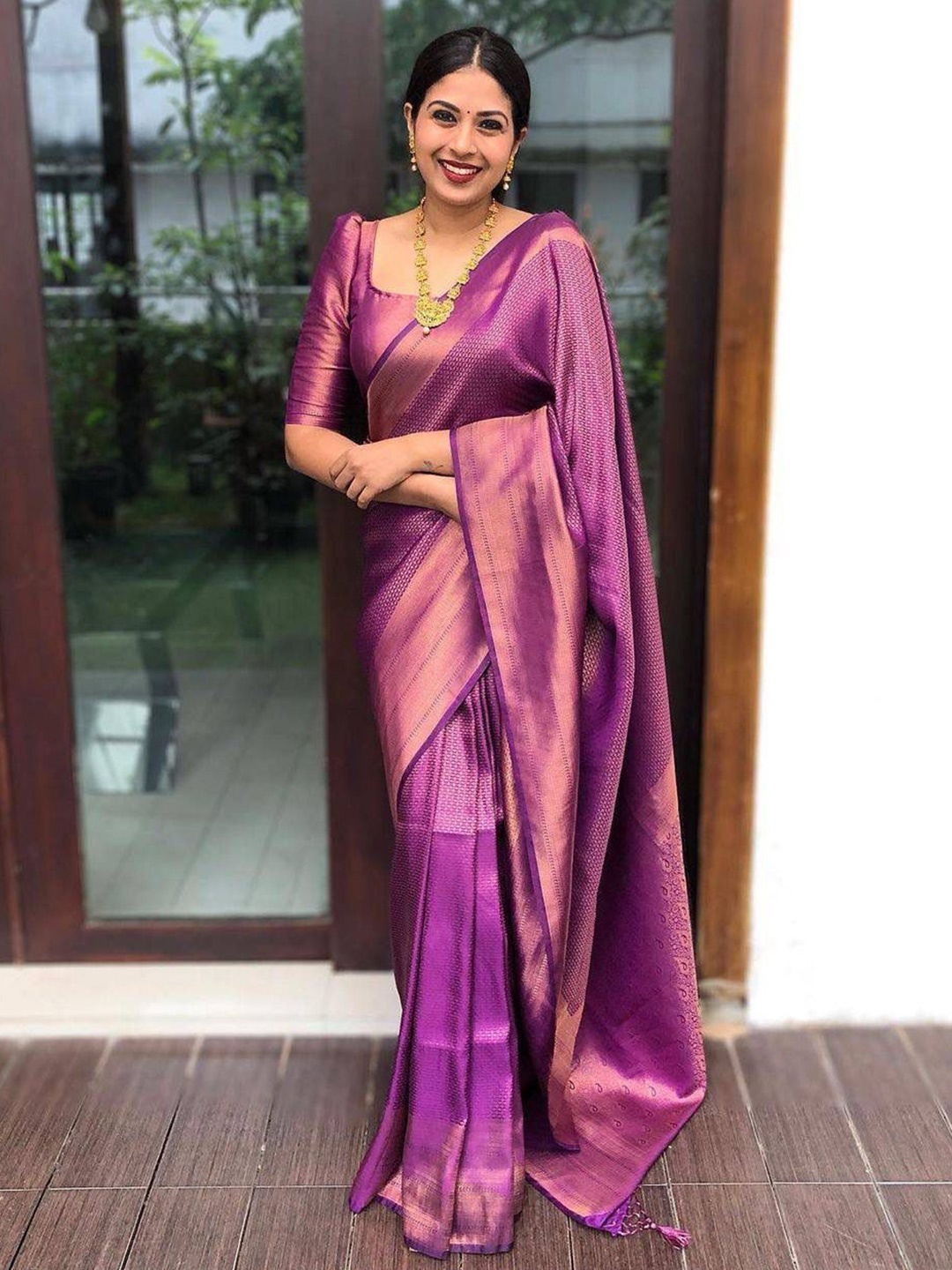 

Jinax Woven Design Zari Pure Silk Banarasi Saree, Purple