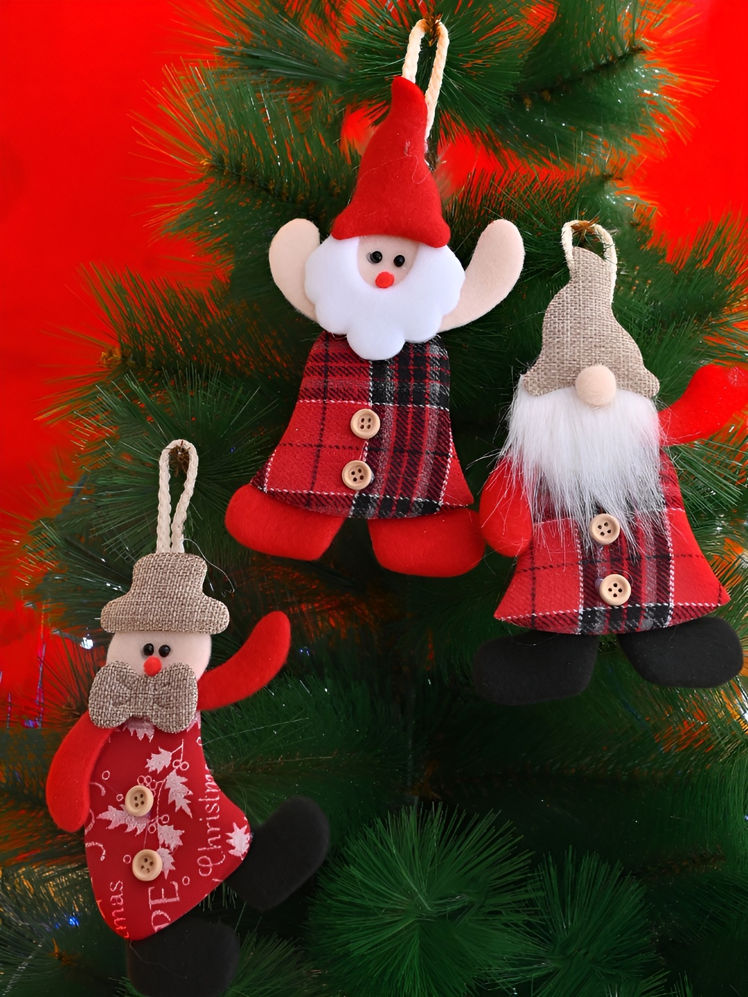 

TAYHAA Set Of 3 Red & White Santa Ornaments Hangings